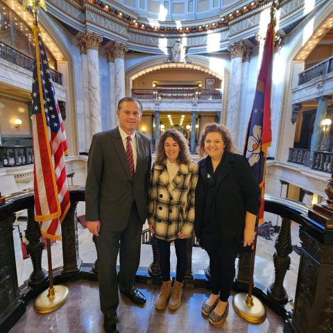 Childcare directors Joanne Weith and Penny Mansell meet with Senator Chad McMahan the day after Capitol Day